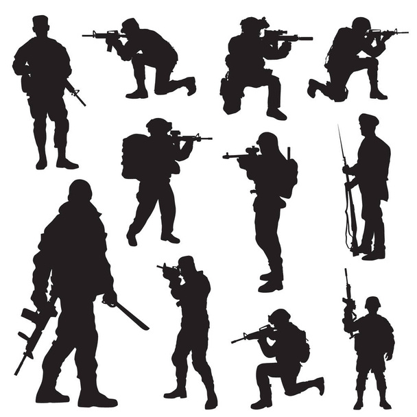 набір силуетів військових солдатів зі зброєю. Векторна ілюстрація
 - Вектор, зображення