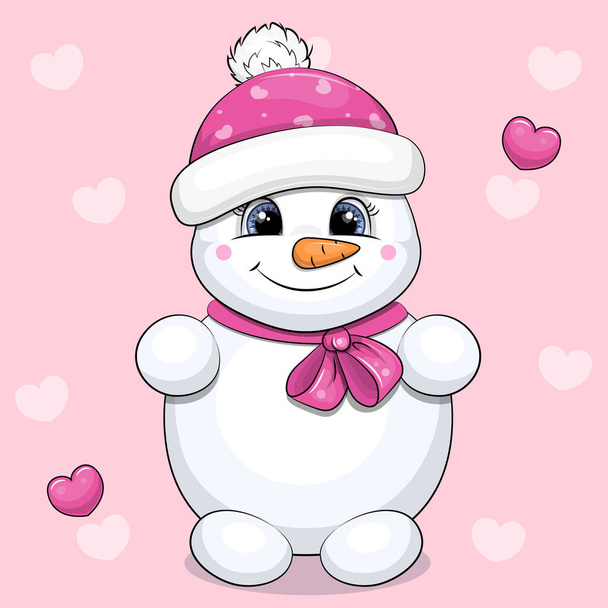 Carino pupazzo di neve cartone animato in un cappello e arco. Illustrazione vettoriale invernale su sfondo rosa con cuori. - Vettoriali, immagini