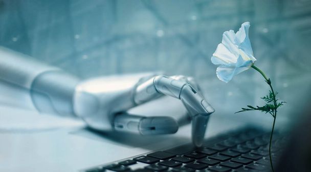 Robot mano de trabajo y análisis de datos en el ordenador portátil y feliz con flor blanca en la mesa, IA, Inteligencia Artificial, Desarrollo de la emoción y el pensamiento. Vida sintética, aprendizaje profundo. Futuro de la tecnología. - Foto, imagen