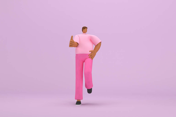 Чорний чоловік з рожевим одягом. Він біжить. 3d ілюстратор мультиплікаційного персонажа в акторській майстерності
. - Фото, зображення