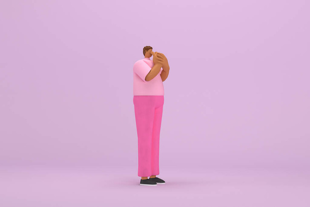 L'uomo nero con i vestiti rosa. È espressione del corpo e della mano quando parla. Illustratore 3d del personaggio dei cartoni animati nella recitazione. - Foto, immagini