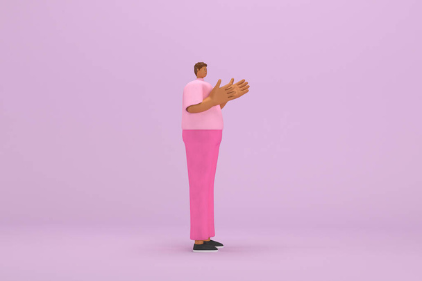 Чорний чоловік з рожевим одягом. Він виражає тіло і руку під час розмови. 3d ілюстратор мультиплікаційного персонажа в акторській майстерності
. - Фото, зображення