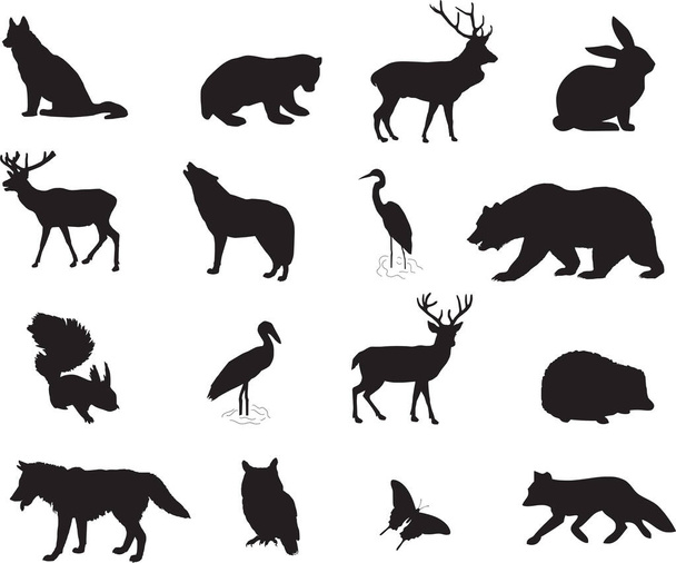 siluetas de diferentes animales. ilustración vectorial en blanco y negro - Vector, Imagen
