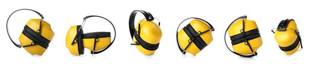 Set of yellow hearing protectors on white background - Photo, Image