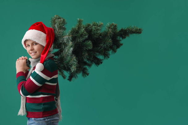 Little boy in Santa hat with Christmas tree on green background - Φωτογραφία, εικόνα