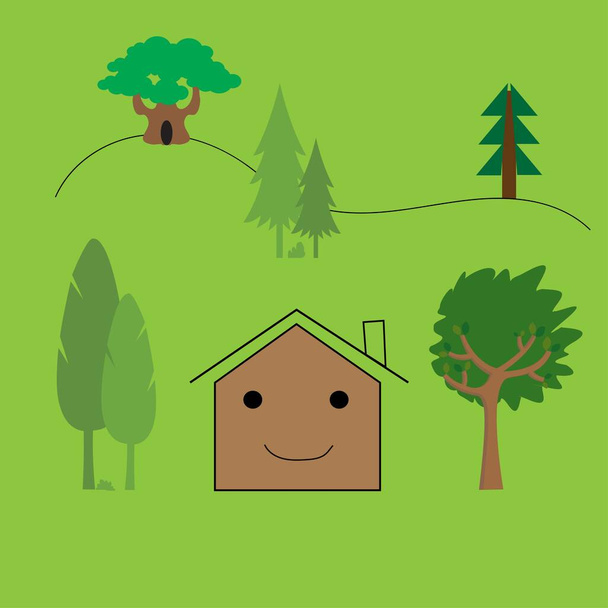 House smiling with different types of trees - Vector, Image