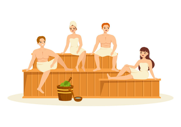 Sauna a pára místnost s lidmi relaxovat, omývání jejich těla, pára nebo těší čas v ploché kreslené ručně kreslené šablony ilustrace - Vektor, obrázek