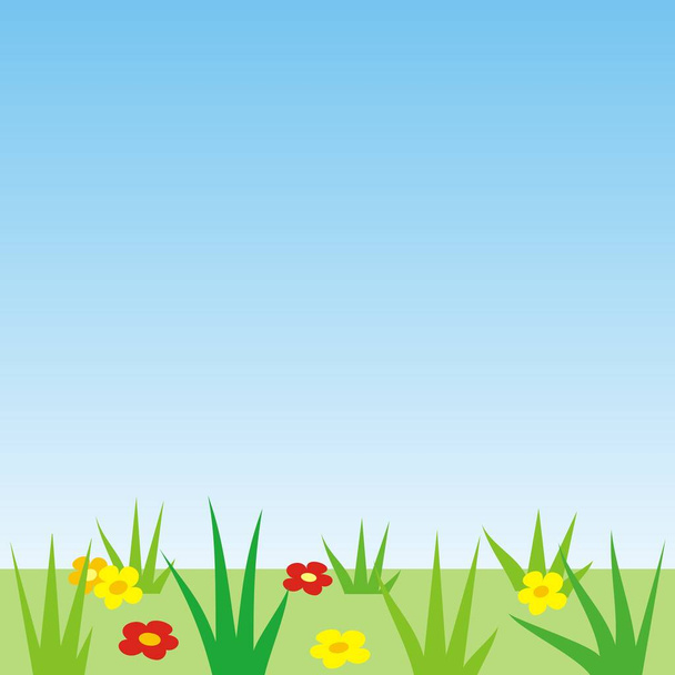 Floral background, template, meadow with flowers and grass, sky, blue background, vector illustration - Вектор, зображення