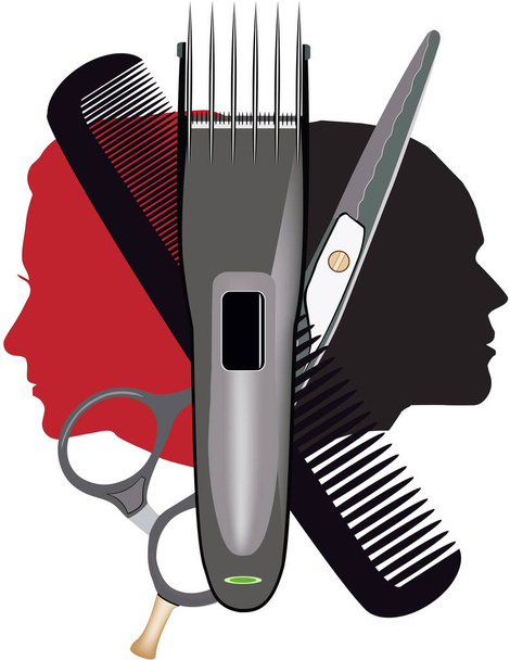 Профілі людини з робочими інструментами для перукаря і перукаря
 - Вектор, зображення