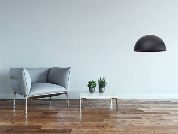 дизайн интерьера с современными серыми стульями и светлым пустым пространством. 3D иллюстрация - Фото, изображение