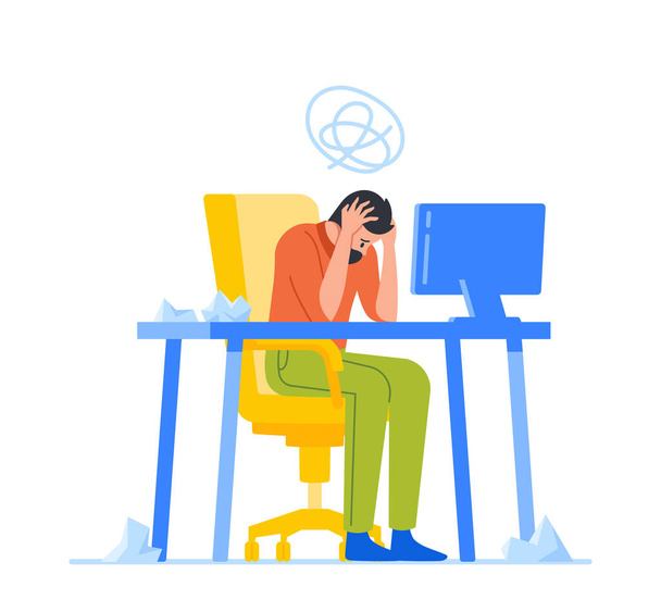 Professional Burnout, Tired Overload Businessman Sitting at Office Workplace Holding Head with Hands and Heaps of Crumpled Documents at Desk Перевтома, Втомление. Cartoon Vector Illustration - Вектор, зображення