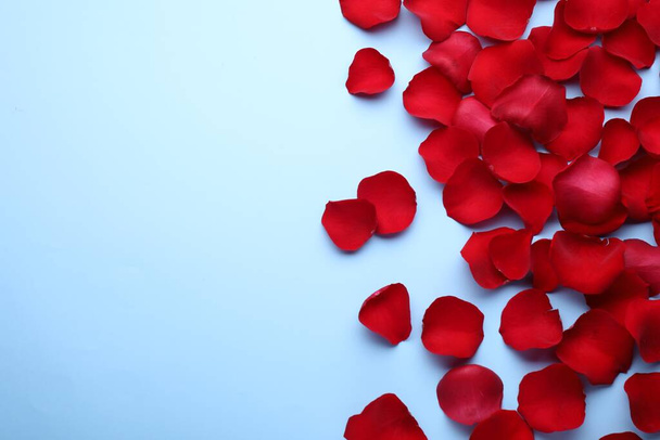 Beautiful red rose flower petals on light blue background, flat lay. Space for text - Photo, Image