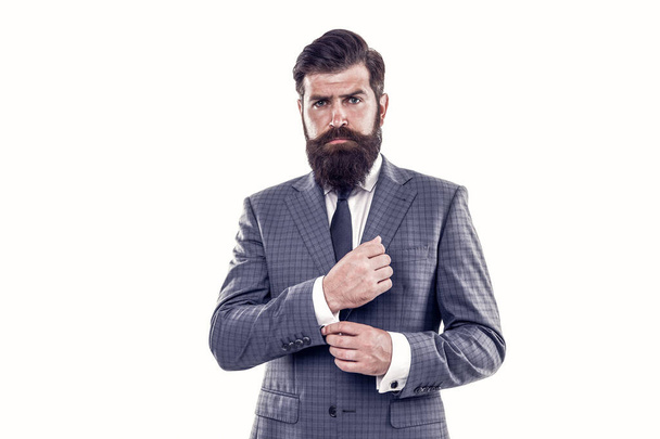 Handsome hipster expensive clothes white background. Menswear concept. Fashion boutique. Elevate your daytime look with suit. Successful man in suit. Business man wear suit. Serious bearded man. - Fotó, kép
