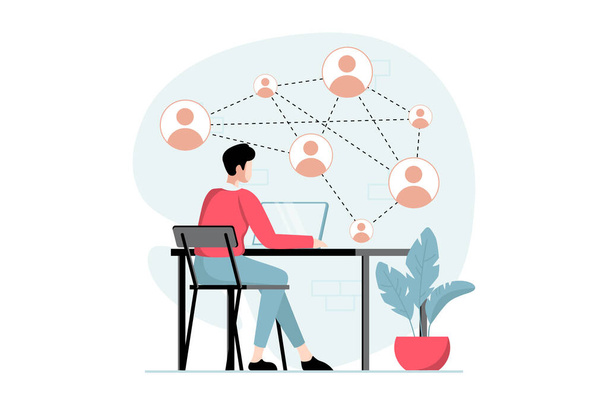 Social network concept with people scene in flat design. Man communicates online with different contacts, chatting with friends from the world. Vector illustration with character situation for web - Vector, Image