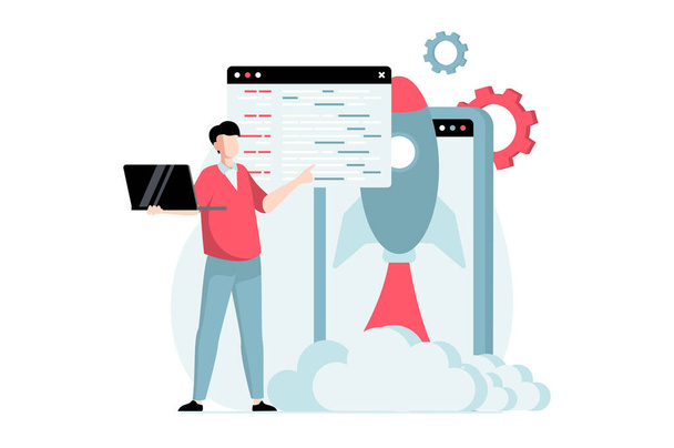 Software development concept with people scene in flat design. Man developing new product, creating program and working in IT startup company. Vector illustration with character situation for web - Vector, Image