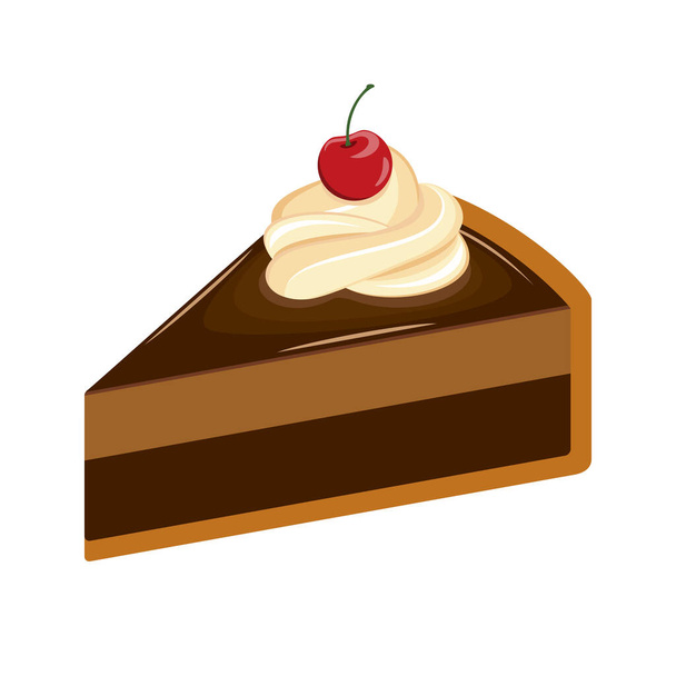 Slice of chocolate cake with whipped cream and cherry on top icon vector. Piece of chocolate cake icon vector isolated on a white background - Vetor, Imagem