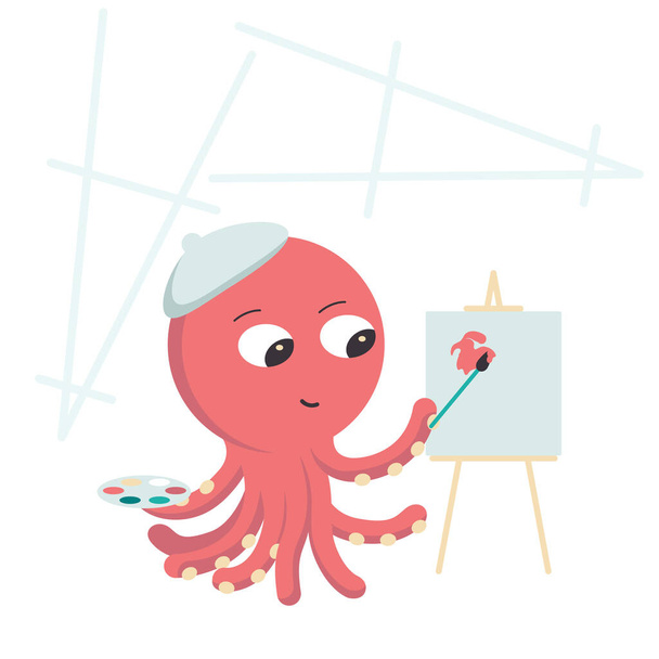 Ilustrace kresleného postavičky, červené chobotnice v baretu stojí u stojanu a maluje paletovým nožem. Vektorová ilustrace - Vektor, obrázek