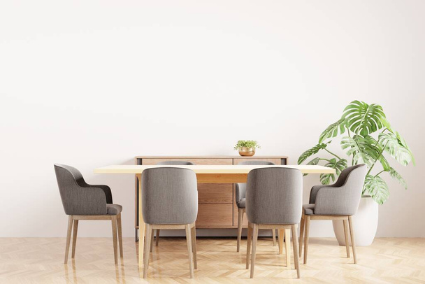 White Modernes Esszimmerinterieur mit stilvollem komfortablem Holztisch und -schrank, Innenmock-up, Holzboden -3D-Rendering- - Foto, Bild