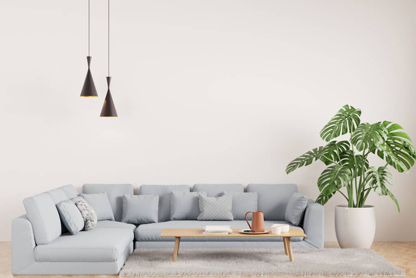 Blanco Moderno interior de la sala de estar con elegante sofá gris azul cómodo, maqueta interior, suelo de madera 3d renderizado- - Foto, Imagen