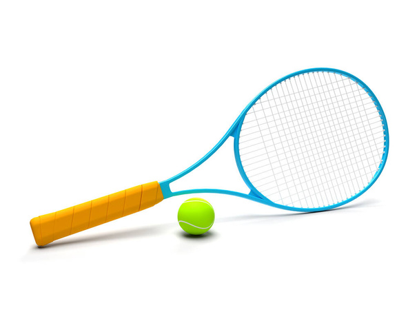 3D provedení barevné tenisové rakety a míč na bílém pozadí sport zdravý životní styl - Fotografie, Obrázek