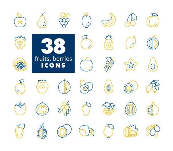 Набор векторной иконки фруктов и ягод. Графический символ для пищевых продуктов и напитков веб-сайт, дизайн приложений, мобильных приложений и печатных СМИ, логотип, пользовательский интерфейс - Вектор,изображение