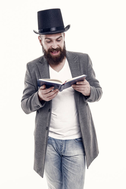 Poetry reading. Inspirational book. Literature teacher. Books shop. Interesting story. Guy classic outfit read book. Artistic person. Talented artist. Bearded man read book isolated on white. - Zdjęcie, obraz
