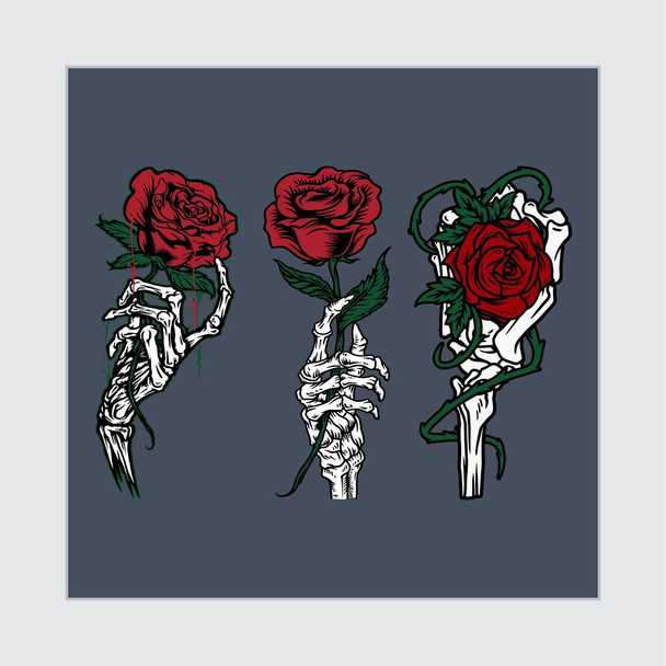 Rosa roja en la mano del esqueleto, dibujo a mano esqueleto vintage celebración de la flor - Vector, Imagen