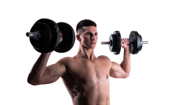 weightlifting sport in gym. sportsman do weightlifting in sport gym isolated on white. gym training of weightlifting sport. strong sportsman with gym dumbbell do weightlifting sport. - Zdjęcie, obraz