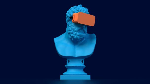 3d render mellszobor zabpehely virtuális szemüveg közepén a kék és narancssárga háttér metaverzió - Fotó, kép