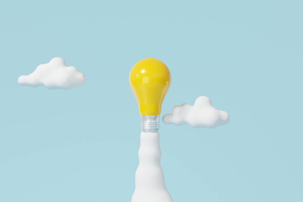 Creative idea concept. Yellow light bulb spaceship on soft blue sky background. minimal cartoon invention, copy space, isolated. 3d render illustration - Fotó, kép