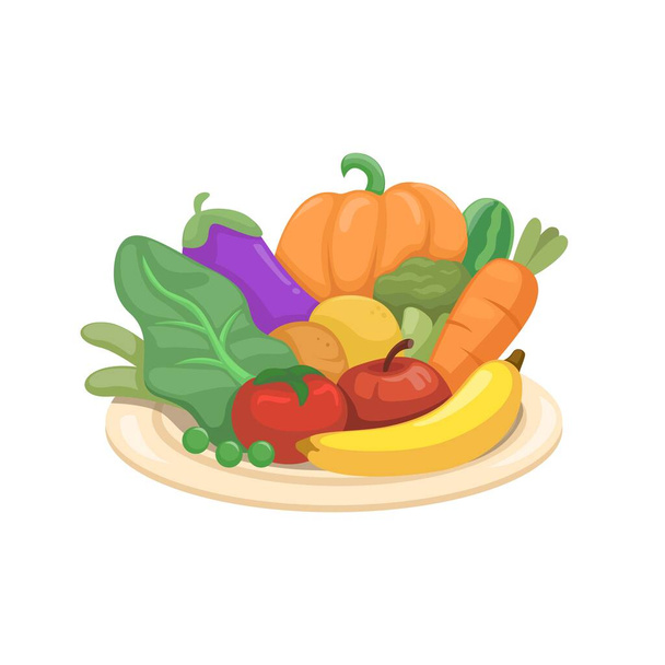 Sebze ve meyve vejetaryen gıda sembolü çizgi film illüstrasyon vektörü - Vektör, Görsel