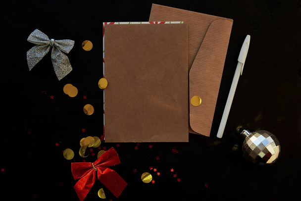 Christmas minimalist mock up of stationery card, envelope among festive decorations. Christmas wishing. - Fotografie, Obrázek