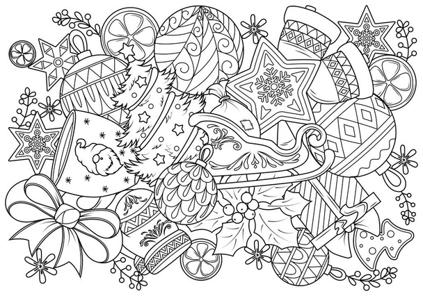 Doodle coloring book for children on a Christmas theme. Funny elements of New Year holidays. Vector illustration - Διάνυσμα, εικόνα