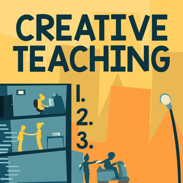 Почерк текста Creative Teaching, Word for the act of coaching in novel way that promotes growth Office Building With Skyscrapers Drawing Showing City Skyline. - Фото, изображение