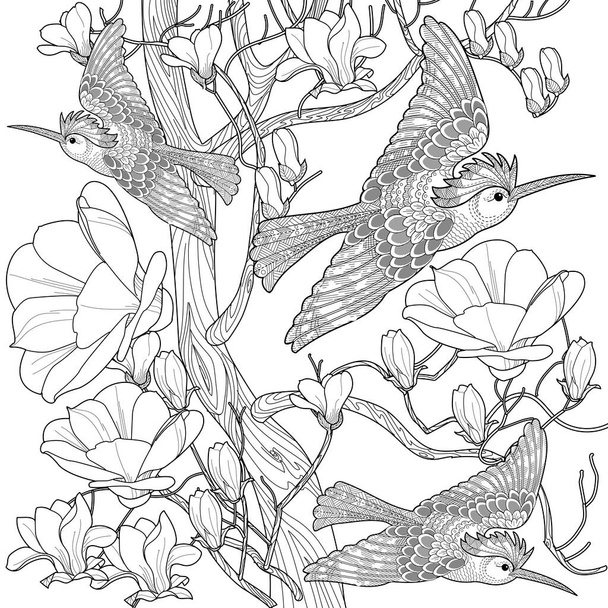 Art therapy coloring page. Coloring book antistress for children and adults. Birds and flowers hand drawn in vintage style . Ideal for those who want to feel more connected to nature. - Vetor, Imagem