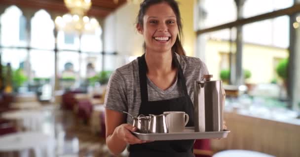 Pretty waitress in restaurant carrying tray to serve tea and coffee. Friendly server wearing apron holding tray with coffee and beverages. 4k - Footage, Video