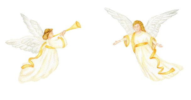 Рождественские ангелы установить акварель иллюстрации, христианский ангел Рождества с крыльями изолированы на белом фоне, дизайн для религиозного крещения приглашение, поздравительные открытки. - Фото, изображение