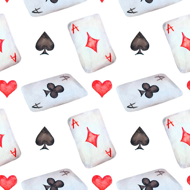 Watercolor Playing card Symbol seamless pattern on white background. Alice In Wonderland-themed Design. Watercolor texture. Brown, Beige, Red, Black White watercolor backdrop. - Photo, Image