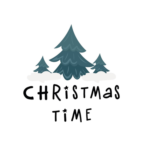 Illustration eines Weihnachtsbaums und der Satz "Weihnachtszeit" im flachen Stil - Vektor, Bild