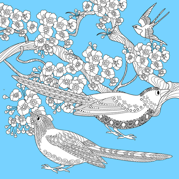 Art therapy coloring page. Coloring book antistress for children and adults. Birds and flowers hand drawn in vintage style . Ideal for those who want to feel more connected to nature. - Vector, imagen