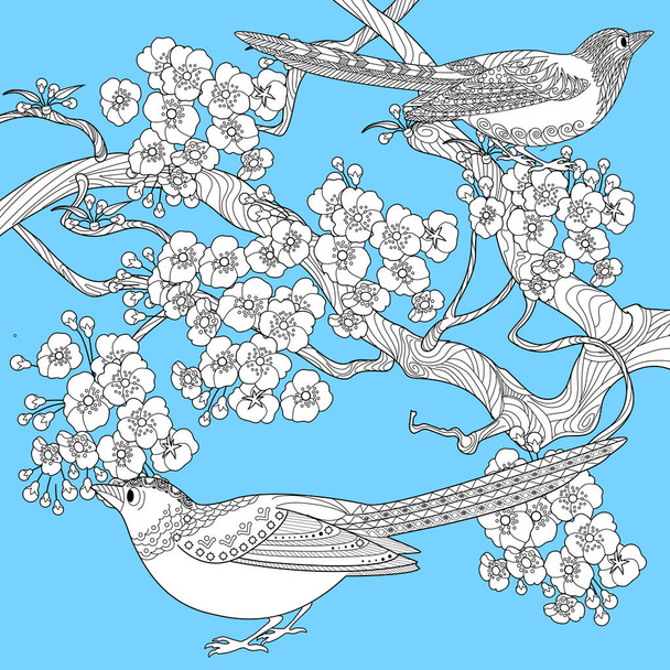 Art therapy coloring page. Coloring book antistress for children and adults. Birds and flowers hand drawn in vintage style . Ideal for those who want to feel more connected to nature. - Вектор, зображення