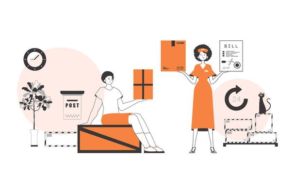 Guy and girl delivers parcels. Linear trendy style. - Vector, Image