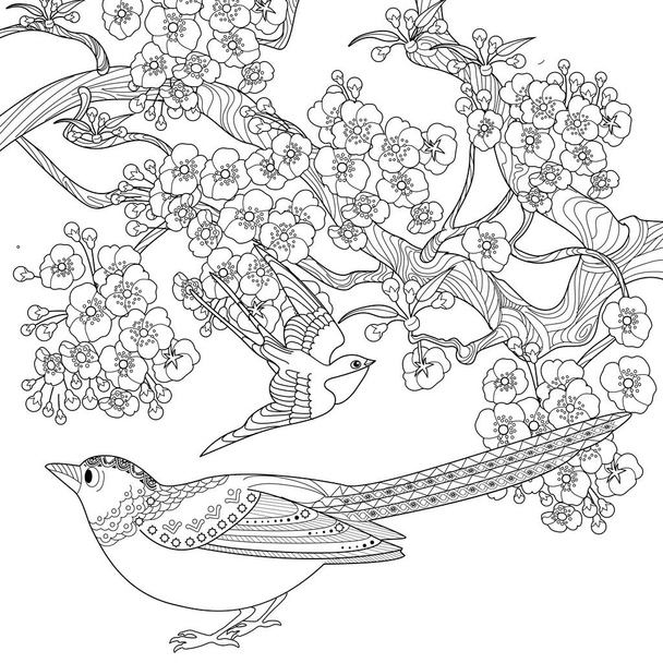 Art therapy coloring page. Coloring book antistress for children and adults. Birds and flowers hand drawn in vintage style . Ideal for those who want to feel more connected to nature. - Vector, imagen