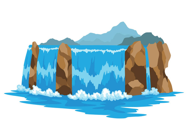 Cartoon river cascade waterfall. Landscape with mountains and trees. Design element for travel brochure or illustration mobile game. Fresh natural water. - Vector, imagen