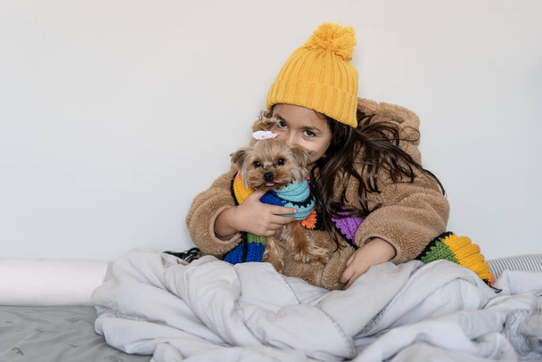 Ребенок одет в бежевое теплое искусственное меховое пальто и вязаную шляпу и шарф, сидя с забавной маленькой собачкой в постели в холодное зимнее время. Красивая маленькая девочка греется в одеяле и смотрит в камеру. - Фото, изображение