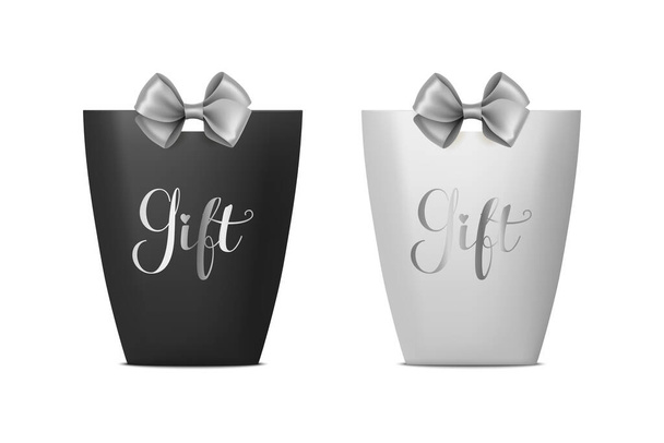 Vector 3d Realistic Black and White Paper Gift Bag, Box for Birthday or Party with Gray Silver Bow, Ribbon. Carry Bag for Present Icon Set Isolated on White Background. - ベクター画像