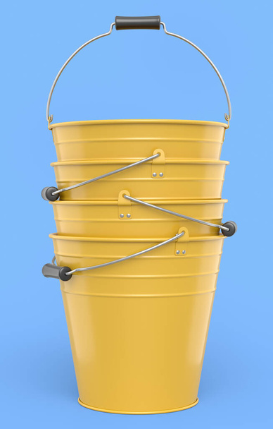 Set of metal garden buckets isolated on blue background. 3d render of care and hydration of plants - Foto, Imagen