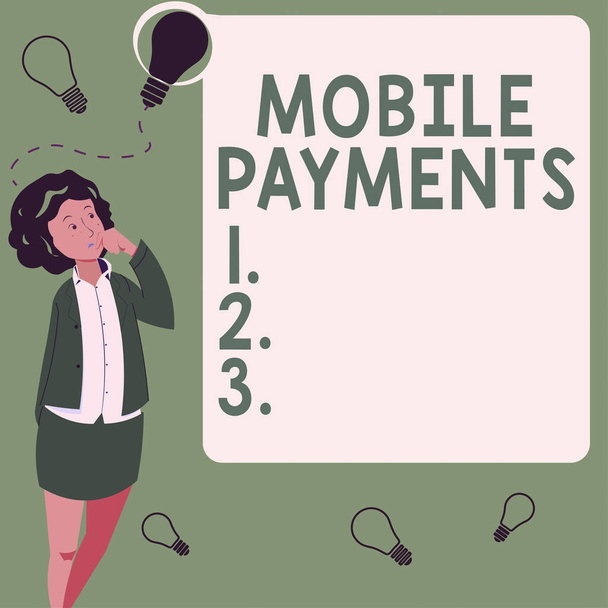 Znak tekstowy pokazujący płatności mobilne, Word Wpisany na transakcji finansowej przetwarzanej za pośrednictwem smartfona - Zdjęcie, obraz