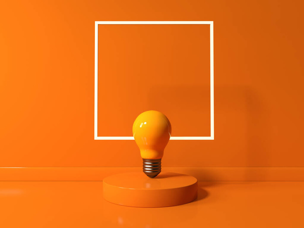 Light bulb on a podium with a square frame - 3D render - Fotoğraf, Görsel