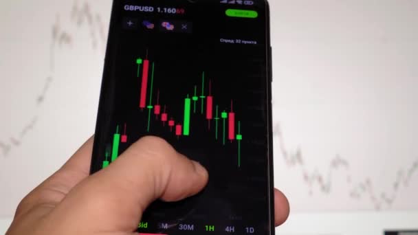 Επιχειρηματίας αναλυτής επενδυτών έμπορος χρησιμοποιώντας την εφαρμογή κινητού τηλεφώνου για την ανάλυση της χρηματοπιστωτικής αγοράς cryptocurrency, δείκτης διάγραμμα των δεδομένων συναλλαγών σε smartphone. στο παρασκήνιο εκτελείται γράφημα στην οθόνη - Πλάνα, βίντεο